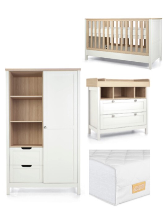 Harwell 4 Piece Cotbed with Dresser Changer, Wardrobe, and Essential Fibre Mattress Set- White image number 1